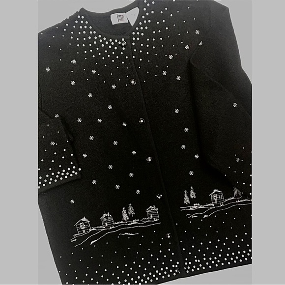 Vtg 90s Black Embroidered Cardigan Sweater, 100% Wool, Beaded, Christmas, Sz M - Picture 9 of 10